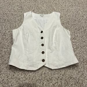 J Crew Button Front Linen Blend Vest 8 White Preppy Coastal Classic Casual